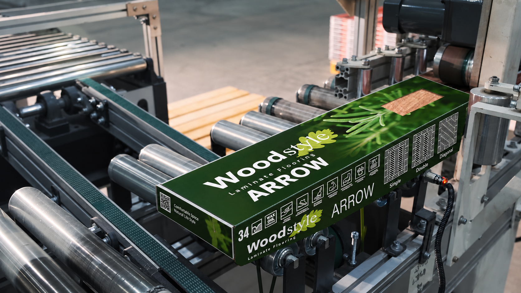 Упаковка WoodStyle Arrow на производственном конвейере — иллюстративный монтаж